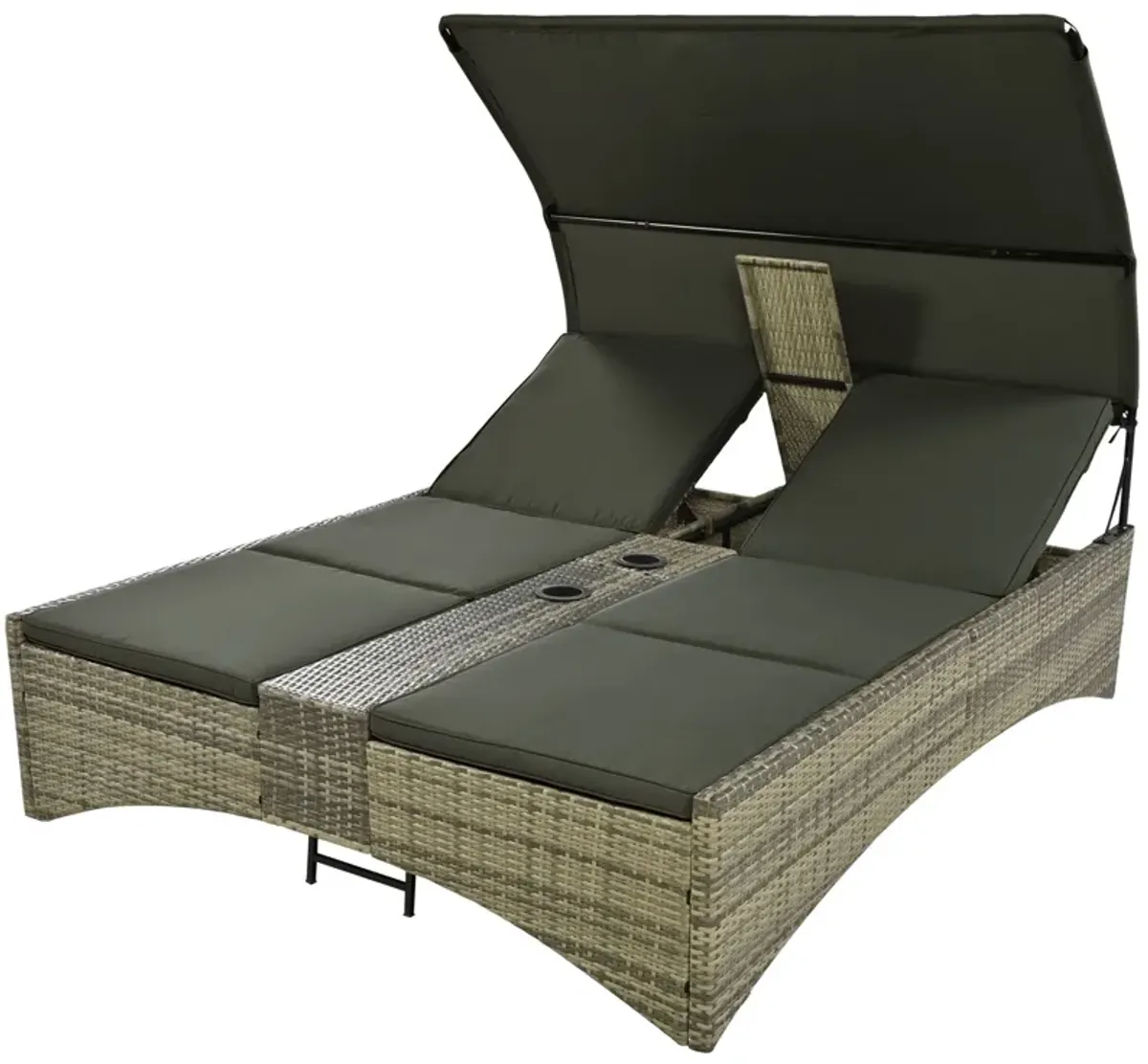 Patio Daybed Outdoor Daybed Sun Lounger With Shelter Roof With Adjustable Backrest, Storage Box And 2 Cup Holders For Patio, Balcony, Poolside