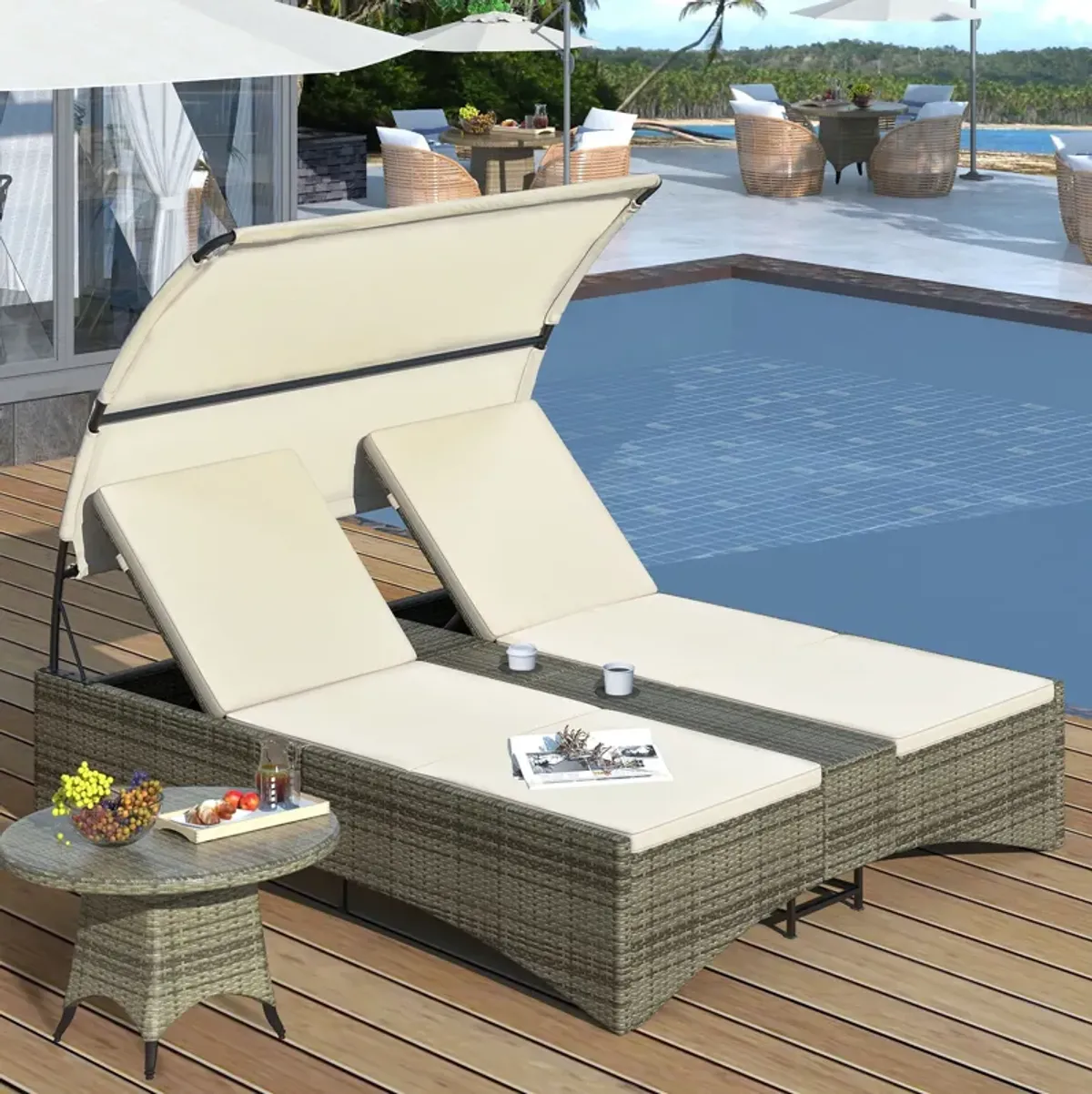 Patio Daybed Outdoor Daybed Sun Lounger With Shelter Roof With Adjustable Backrest, Storage Box And 2 Cup Holders For Patio, Balcony, Poolside