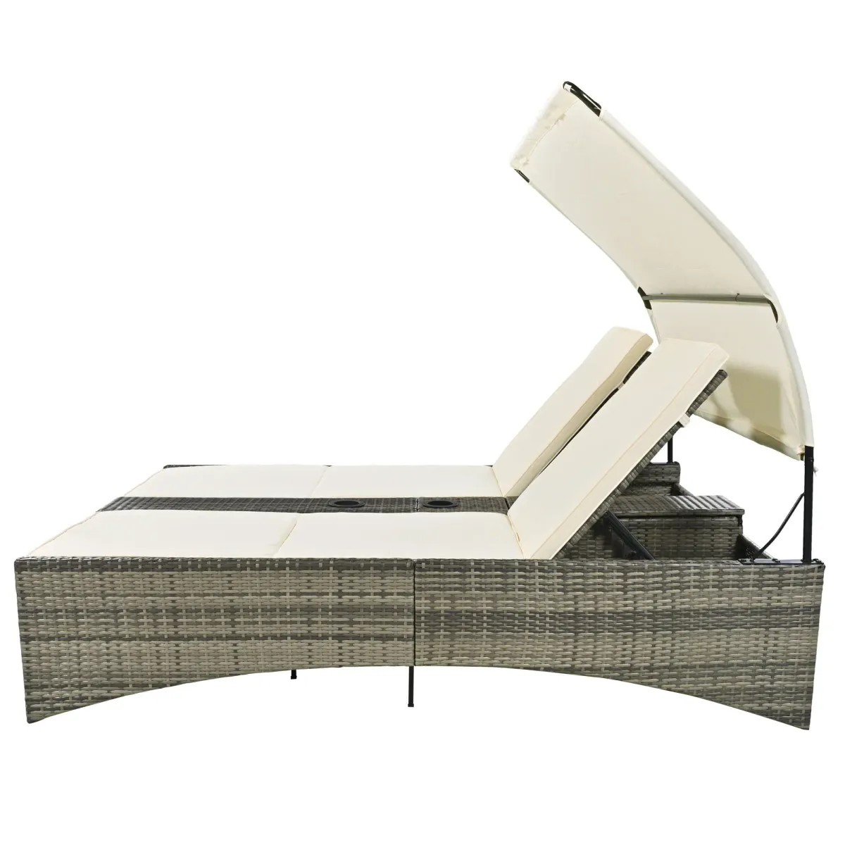 Patio Daybed Outdoor Daybed Sun Lounger With Shelter Roof With Adjustable Backrest, Storage Box And 2 Cup Holders For Patio, Balcony, Poolside