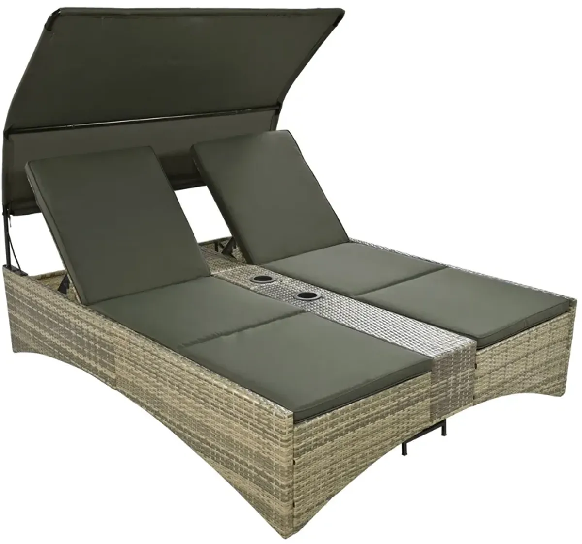 Patio Daybed Outdoor Daybed Sun Lounger With Shelter Roof With Adjustable Backrest, Storage Box And 2 Cup Holders For Patio, Balcony, Poolside