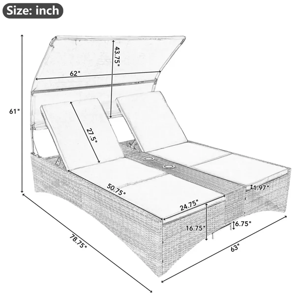 Patio Daybed Outdoor Daybed Sun Lounger With Shelter Roof With Adjustable Backrest, Storage Box And 2 Cup Holders For Patio, Balcony, Poolside