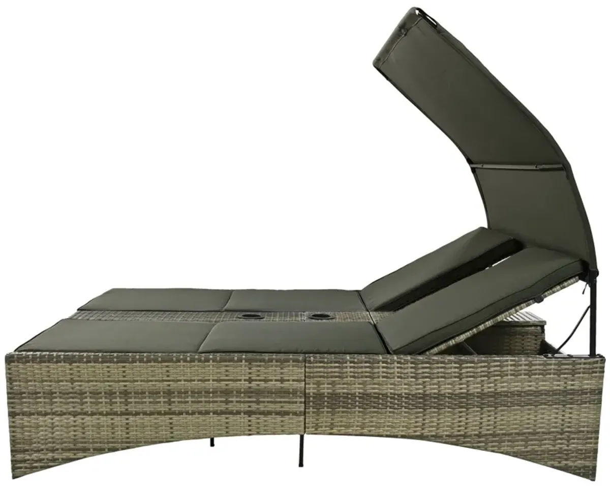 Patio Daybed Outdoor Daybed Sun Lounger With Shelter Roof With Adjustable Backrest, Storage Box And 2 Cup Holders For Patio, Balcony, Poolside