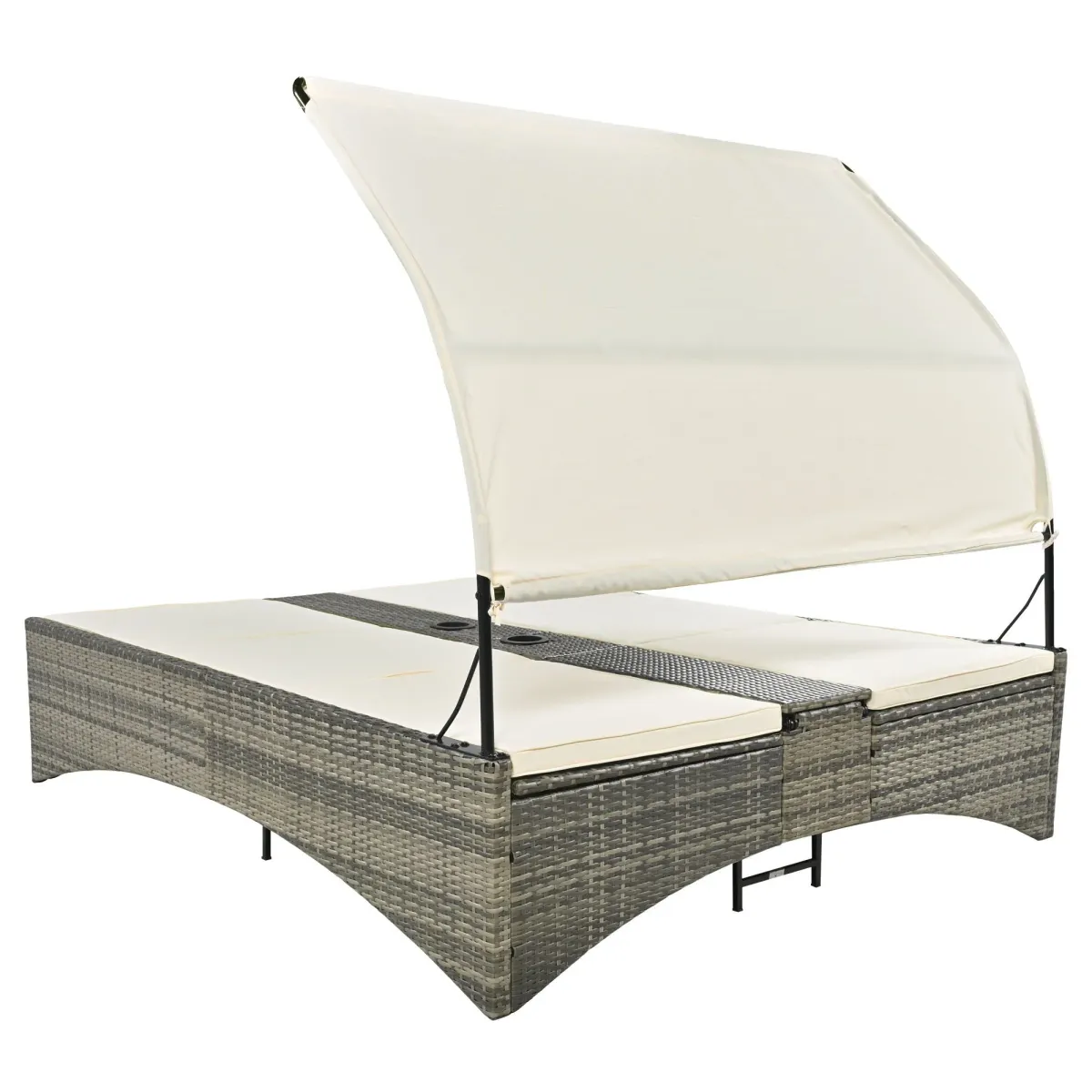 Patio Daybed Outdoor Daybed Sun Lounger With Shelter Roof With Adjustable Backrest, Storage Box And 2 Cup Holders For Patio, Balcony, Poolside