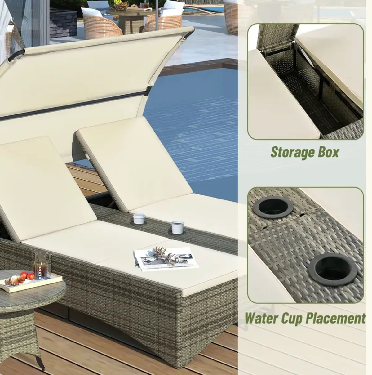 Patio Daybed Outdoor Daybed Sun Lounger With Shelter Roof With Adjustable Backrest, Storage Box And 2 Cup Holders For Patio, Balcony, Poolside