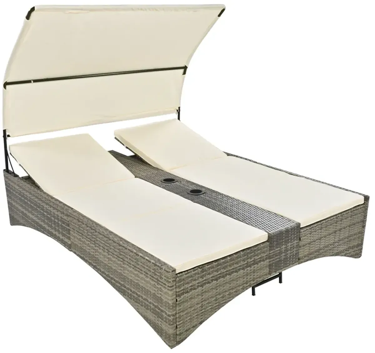 Patio Daybed Outdoor Daybed Sun Lounger With Shelter Roof With Adjustable Backrest, Storage Box And 2 Cup Holders For Patio, Balcony, Poolside