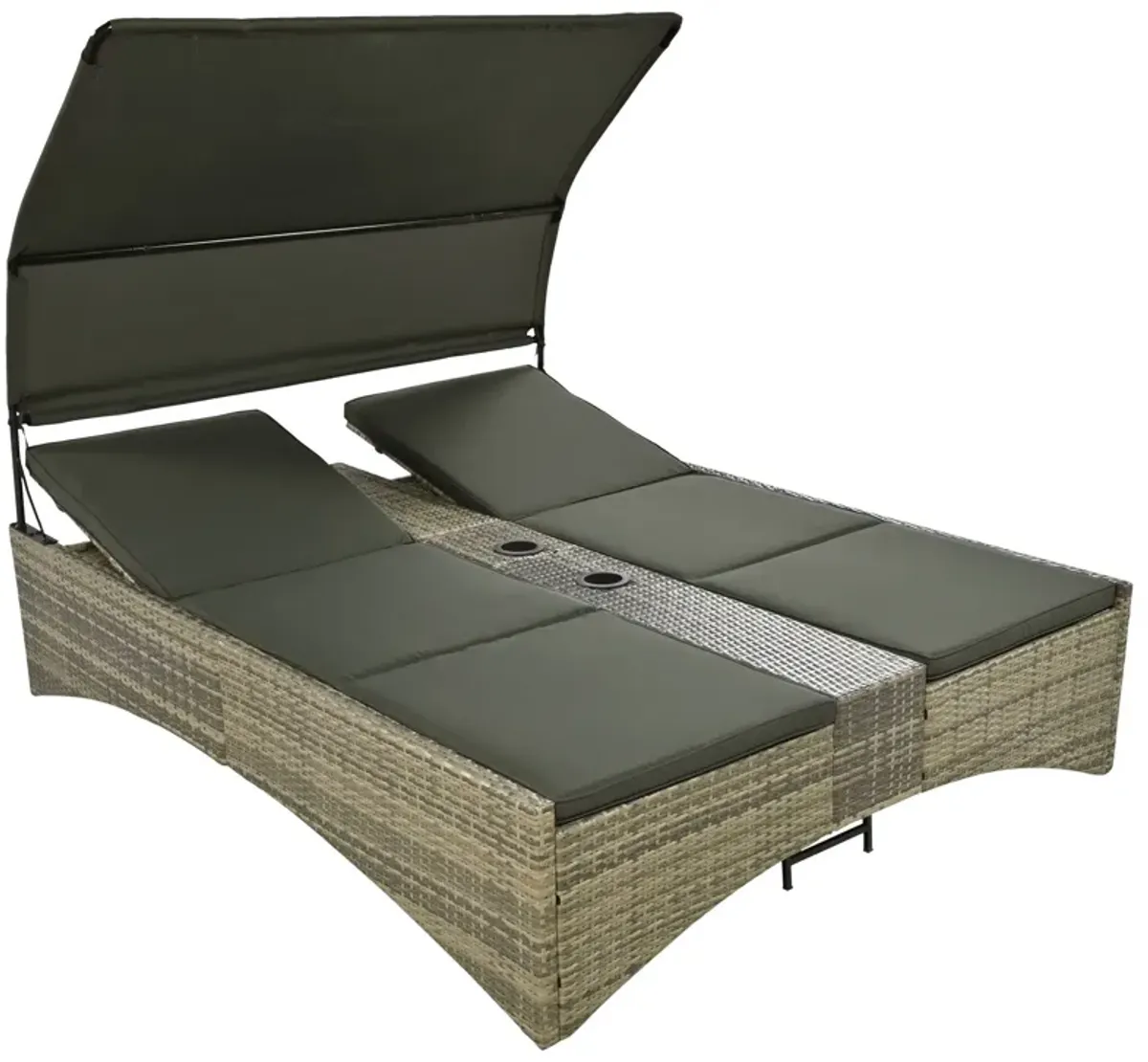 Patio Daybed Outdoor Daybed Sun Lounger With Shelter Roof With Adjustable Backrest, Storage Box And 2 Cup Holders For Patio, Balcony, Poolside