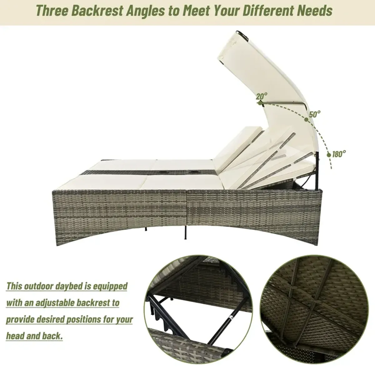 Patio Daybed Outdoor Daybed Sun Lounger With Shelter Roof With Adjustable Backrest, Storage Box And 2 Cup Holders For Patio, Balcony, Poolside