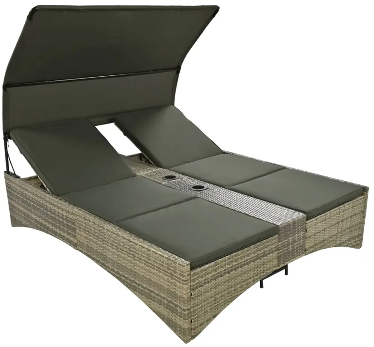 Patio Daybed Outdoor Daybed Sun Lounger With Shelter Roof With Adjustable Backrest, Storage Box And 2 Cup Holders For Patio, Balcony, Poolside