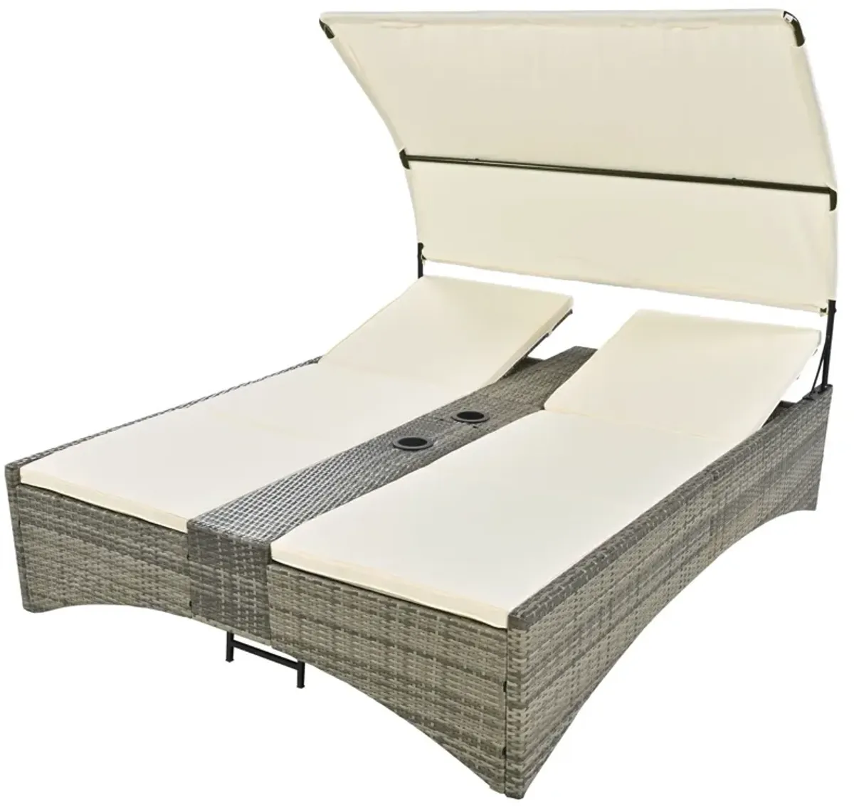 Patio Daybed Outdoor Daybed Sun Lounger With Shelter Roof With Adjustable Backrest, Storage Box And 2 Cup Holders For Patio, Balcony, Poolside