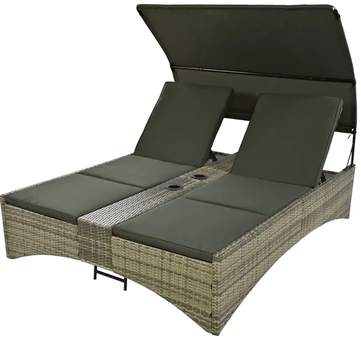 Patio Daybed Outdoor Daybed Sun Lounger With Shelter Roof With Adjustable Backrest, Storage Box And 2 Cup Holders For Patio, Balcony, Poolside