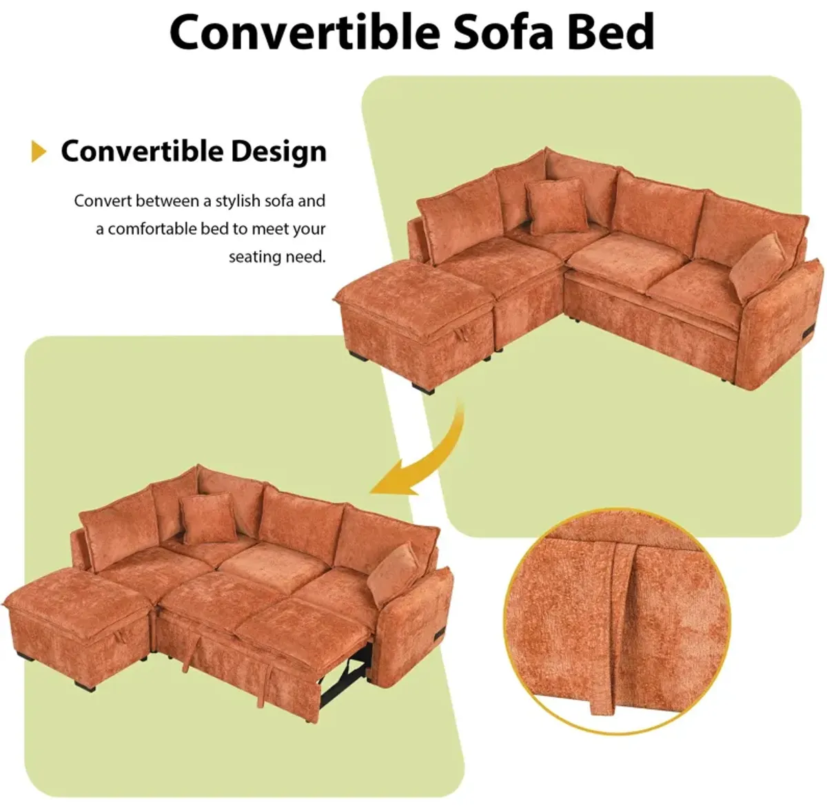 Convertible Sofa Bed Sectional Sofa Sleeper L-Shaped Sofa With A Storage Ottoman, Two Pillows, Two Power Sockets And Two USB Ports For Living Room