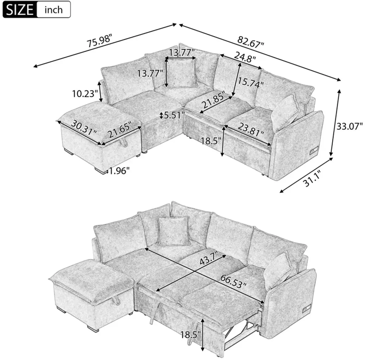 Convertible Sofa Bed Sectional Sofa Sleeper L-Shaped Sofa With A Storage Ottoman, Two Pillows, Two Power Sockets And Two USB Ports For Living Room