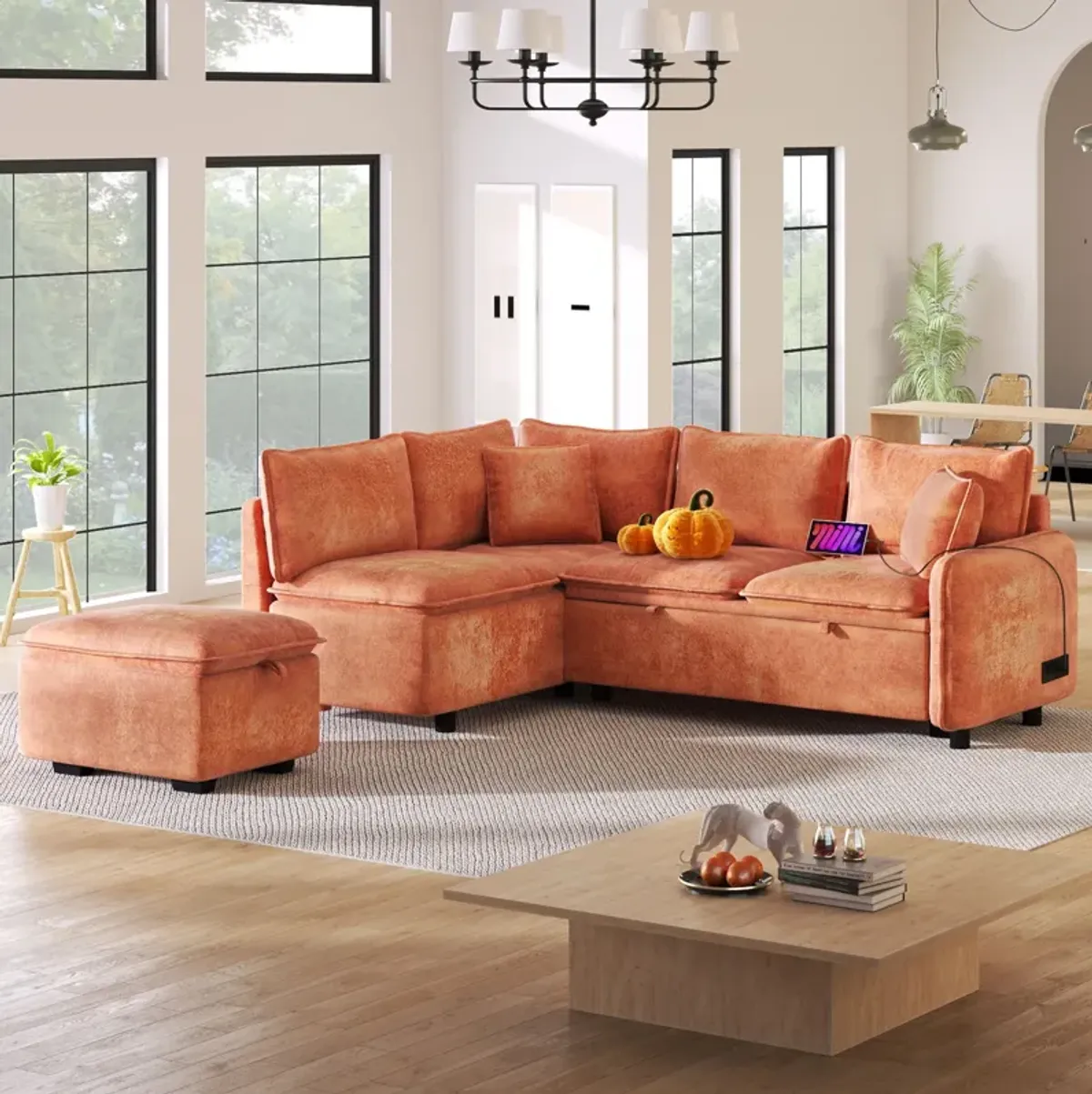 Convertible Sofa Bed Sectional Sofa Sleeper L-Shaped Sofa With A Storage Ottoman, Two Pillows, Two Power Sockets And Two USB Ports For Living Room