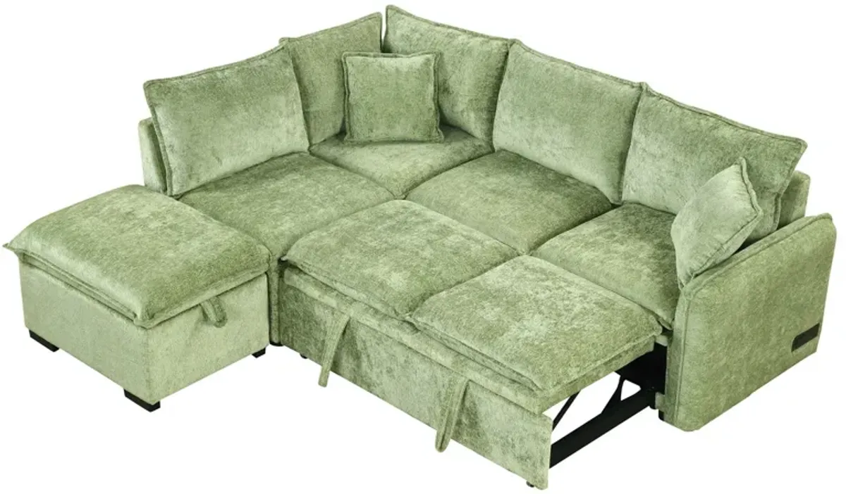 Convertible Sofa Bed Sectional Sofa Sleeper L-Shaped Sofa With A Storage Ottoman, Two Pillows, Two Power Sockets And Two USB Ports For Living Room