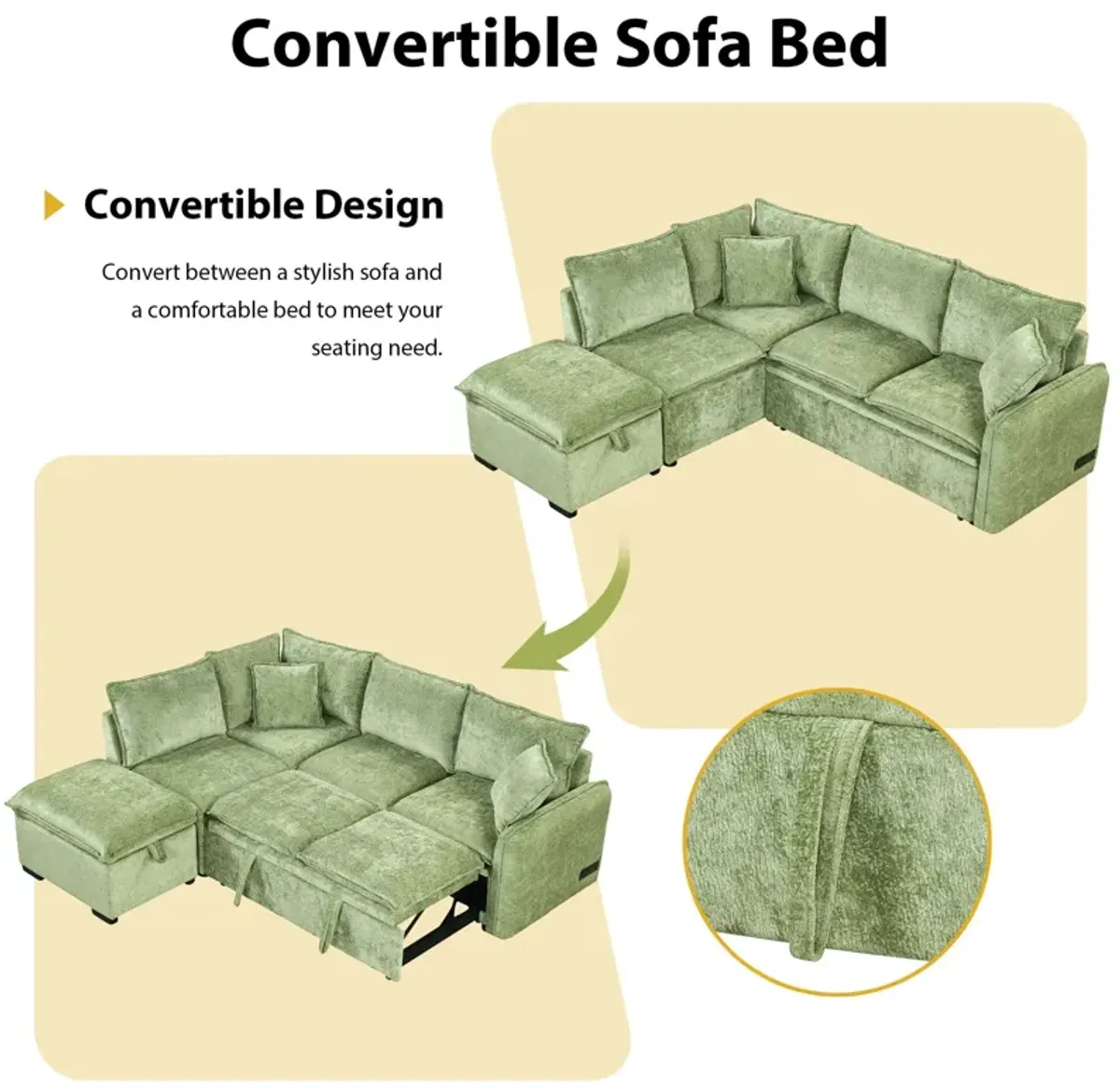 Convertible Sofa Bed Sectional Sofa Sleeper L-Shaped Sofa With A Storage Ottoman, Two Pillows, Two Power Sockets And Two USB Ports For Living Room