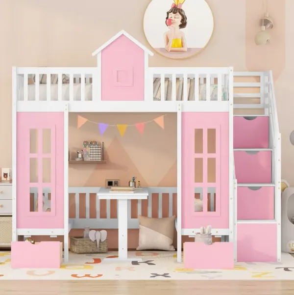 Twin Over Twin Bunk Bed With Changeable Table, Bunk Bed Turn Into Upper Bed And Down Desk