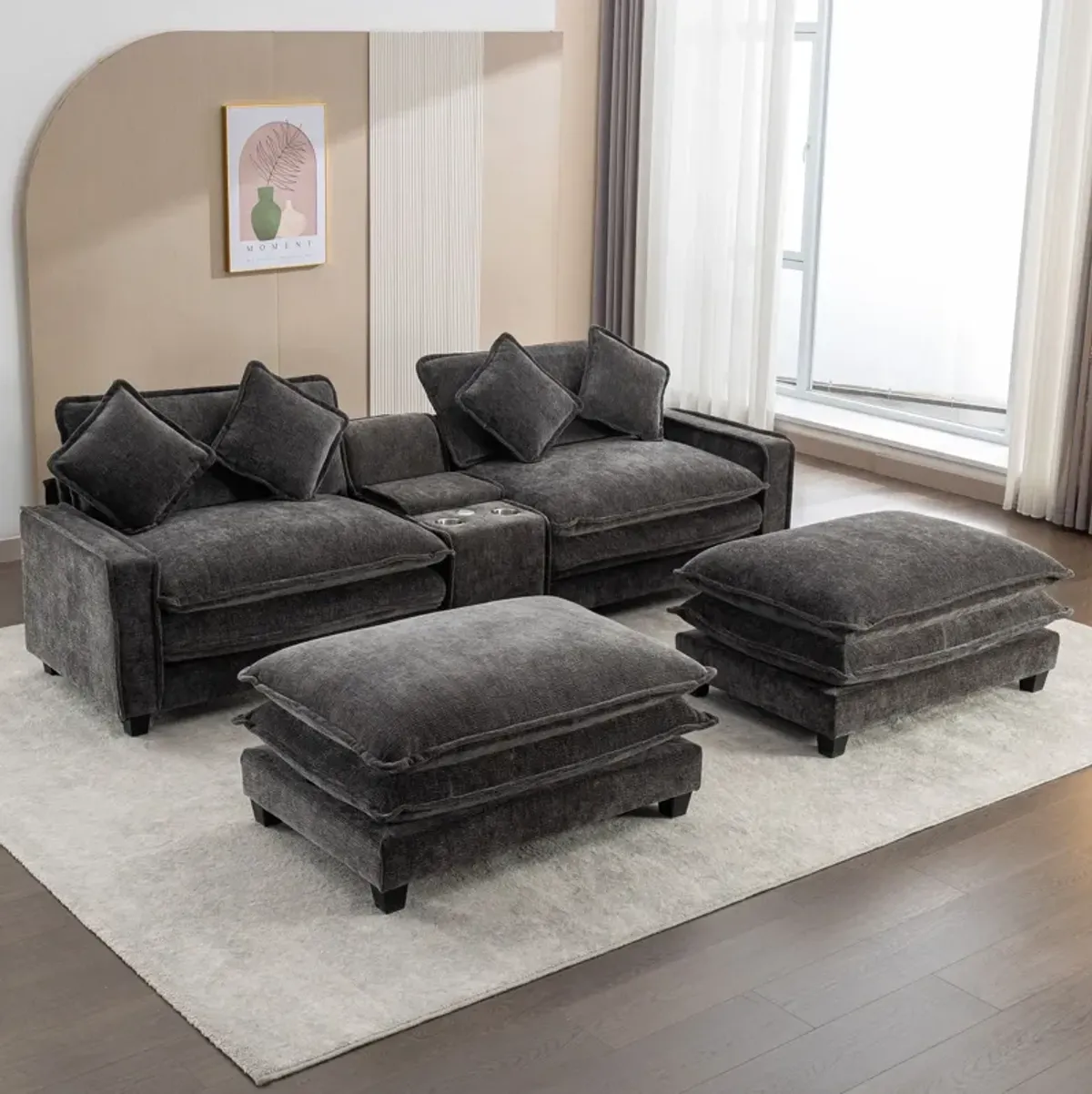 Sectional Sofa Chenille Upholstered Sofa With Two Removable Ottoman, Two USB Ports, Two Cup Holders And Large Storage Box For Living Room