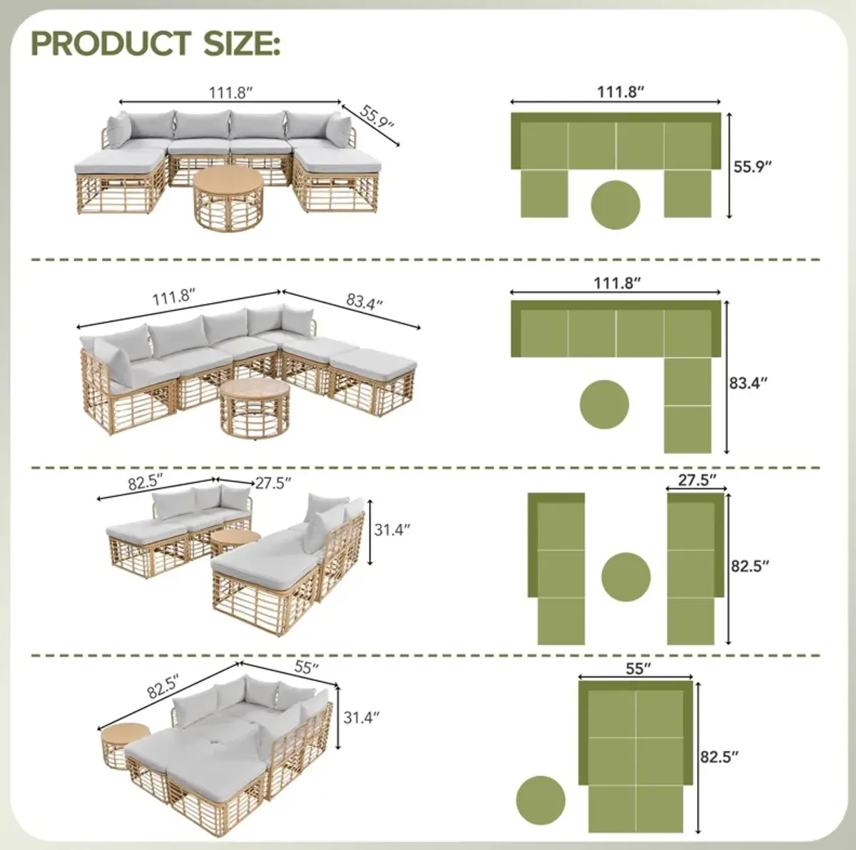 Outdoor Patio Furniture, All-Weather Rattan Sectional Sofa Set With Thick Cushions And Pillows, Freely Combined Conversation Sets For Garden, Backyard, Balcony