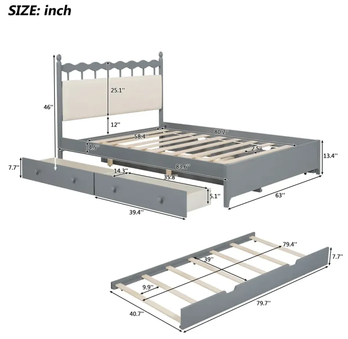 Wooden Storage Platform Bed, With 2 Big Drawers & Trundle