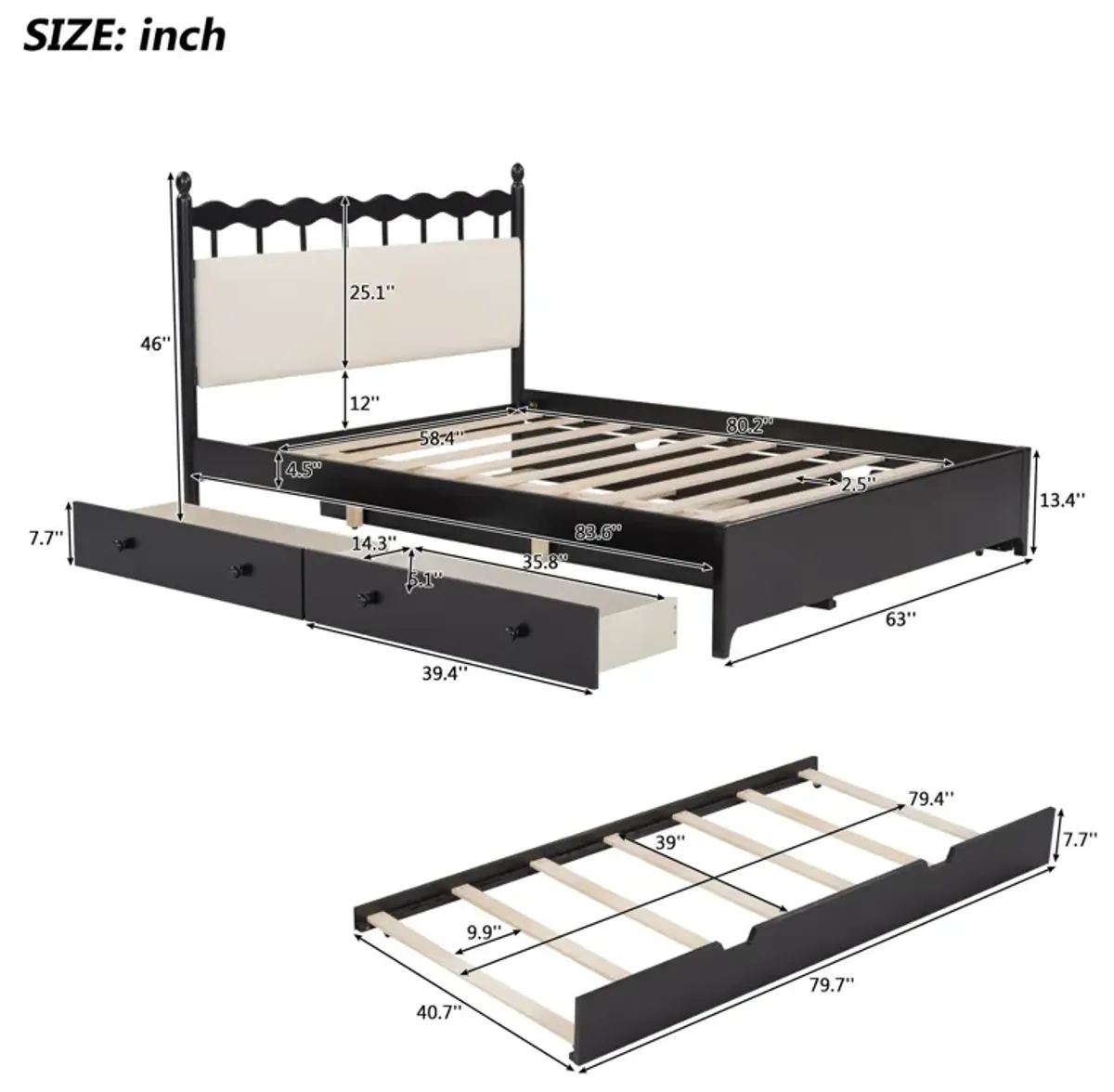 Wooden Storage Platform Bed, With 2 Big Drawers & Trundle