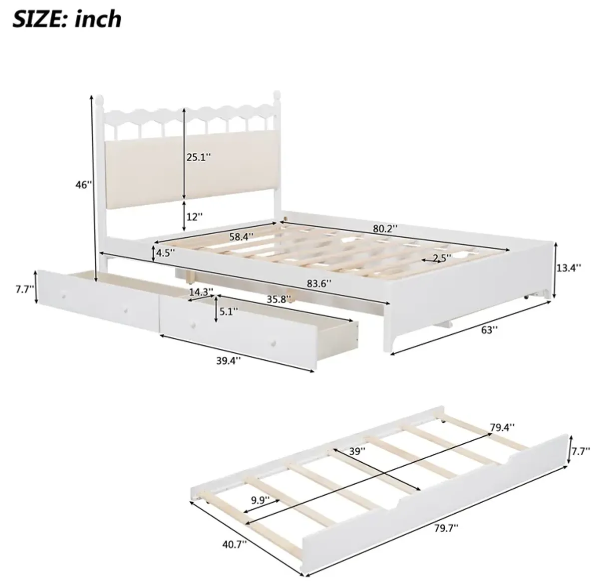 Wooden Storage Platform Bed, With 2 Big Drawers & Trundle