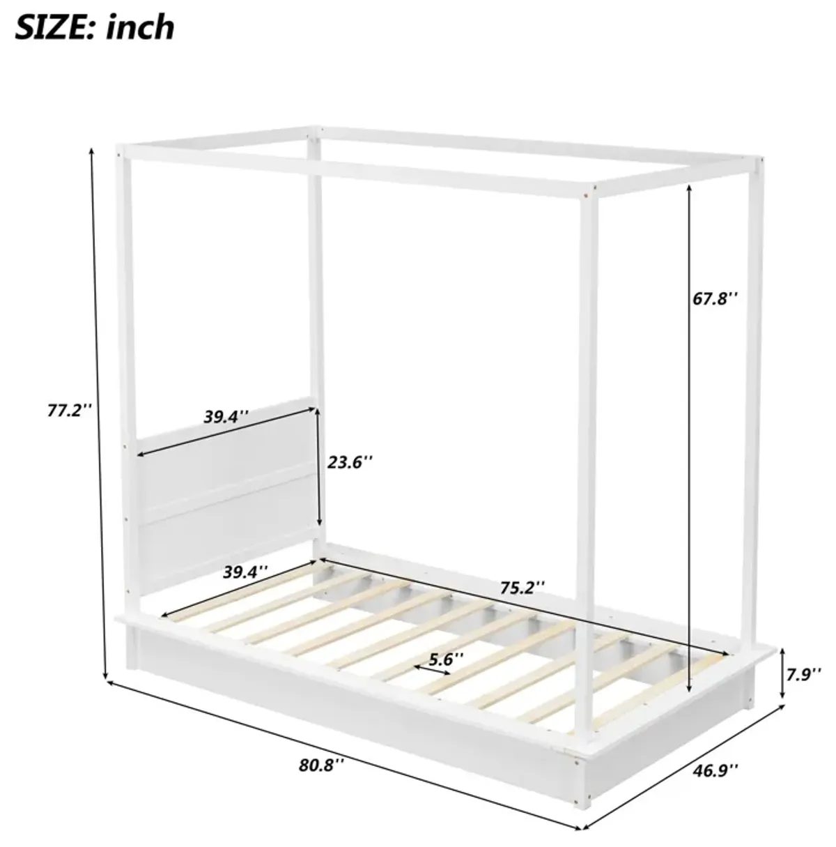 Wood LED Canopy Bed, Canopy Platform Bed With Support Slats, No Box Spring Needed