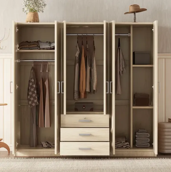 6 Doors Wooden Wardrobe Storage For Bedroom With Big Drawers