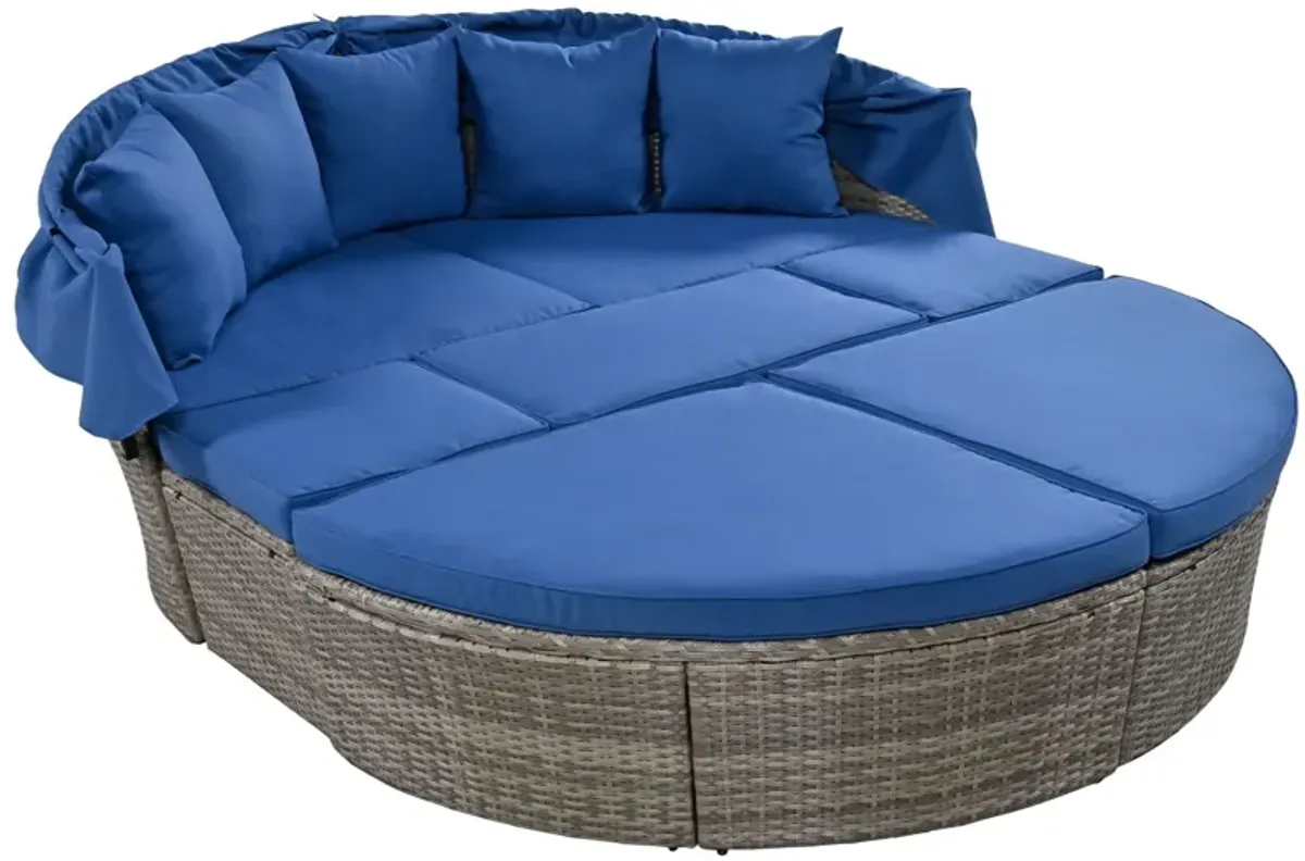 Outdoor Rattan Daybed Sunbed With Retractable Canopy Wicker Furniture, Round Outdoor Sectional Sofa Set - Black Wicker Furniture Clamshell Seating With Washable Cushions, Backyard, Porch