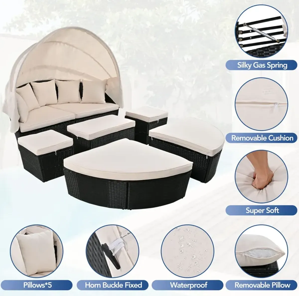 Outdoor Rattan Daybed Sunbed With Retractable Canopy Wicker Furniture, Round Outdoor Sectional Sofa Set - Black Wicker Furniture Clamshell Seating With Washable Cushions, Backyard, Porch