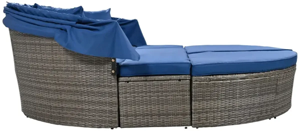 Outdoor Rattan Daybed Sunbed With Retractable Canopy Wicker Furniture, Round Outdoor Sectional Sofa Set - Black Wicker Furniture Clamshell Seating With Washable Cushions, Backyard, Porch