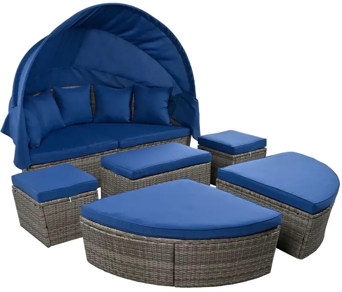 Outdoor Rattan Daybed Sunbed With Retractable Canopy Wicker Furniture, Round Outdoor Sectional Sofa Set - Black Wicker Furniture Clamshell Seating With Washable Cushions, Backyard, Porch