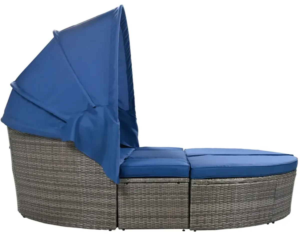 Outdoor Rattan Daybed Sunbed With Retractable Canopy Wicker Furniture, Round Outdoor Sectional Sofa Set - Black Wicker Furniture Clamshell Seating With Washable Cushions, Backyard, Porch