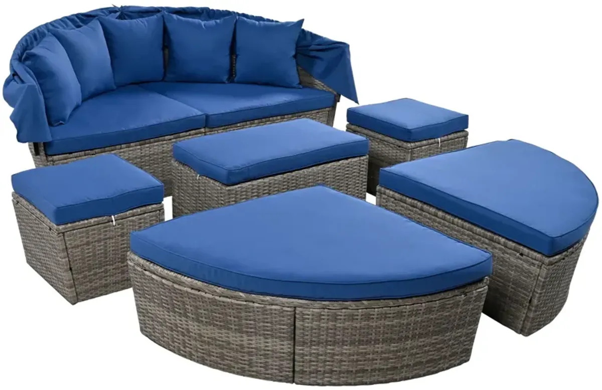 Outdoor Rattan Daybed Sunbed With Retractable Canopy Wicker Furniture, Round Outdoor Sectional Sofa Set - Black Wicker Furniture Clamshell Seating With Washable Cushions, Backyard, Porch