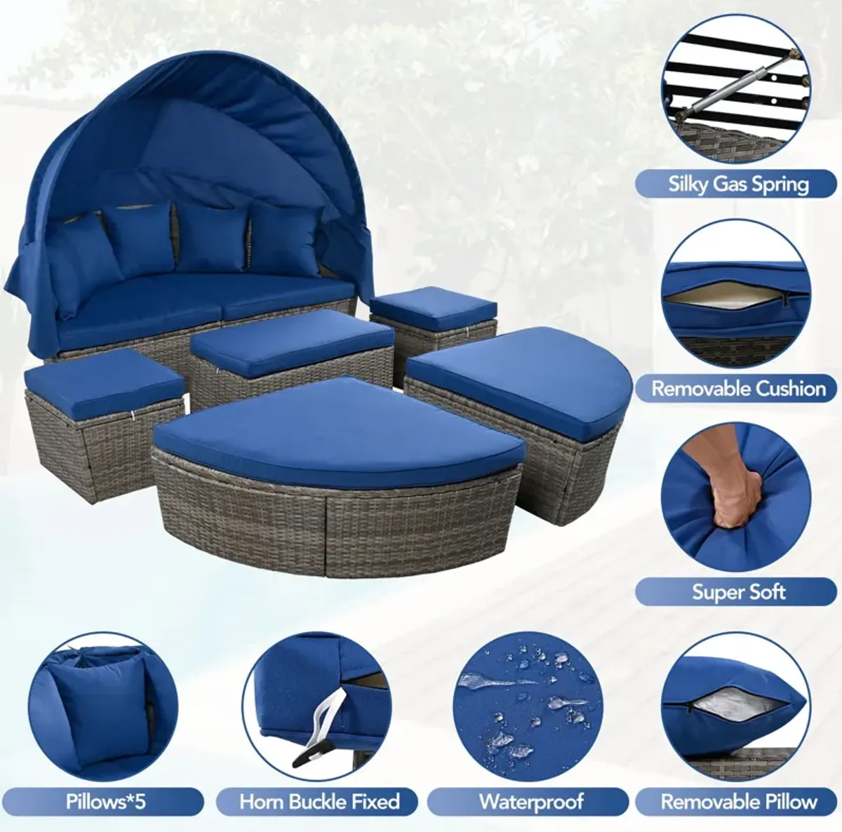 Outdoor Rattan Daybed Sunbed With Retractable Canopy Wicker Furniture, Round Outdoor Sectional Sofa Set - Black Wicker Furniture Clamshell Seating With Washable Cushions, Backyard, Porch