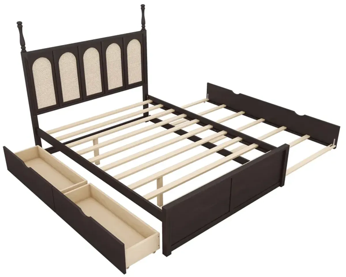 Rattan Platform Bed With With 2 Big Drawers With Trundle