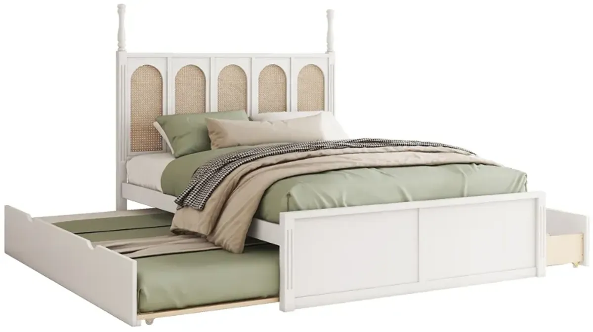 Rattan Platform Bed With With 2 Big Drawers With Trundle