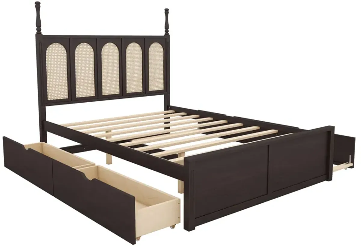 Rattan Platform Bed With With 2 Big Drawers With Trundle