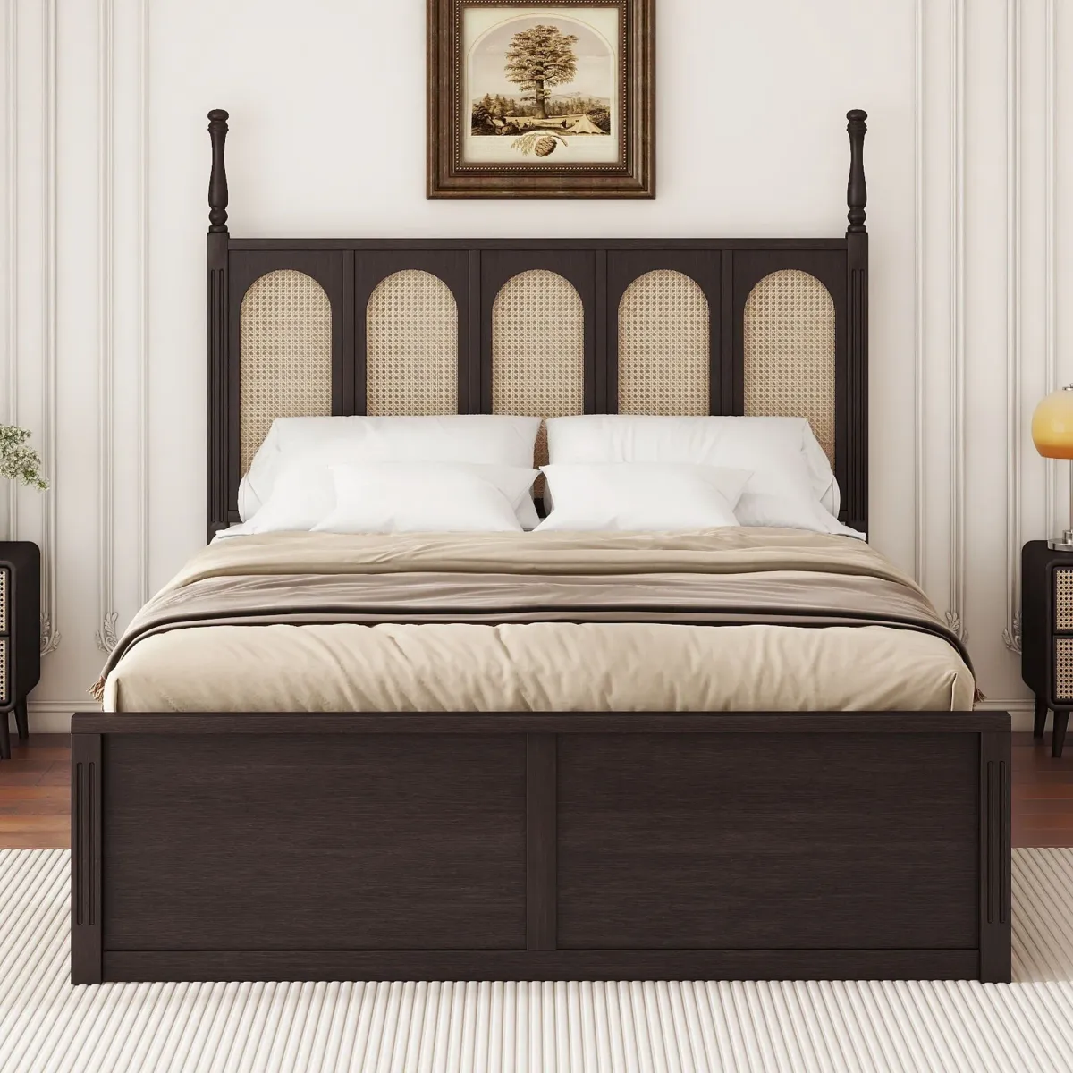 Rattan Platform Bed With With 2 Big Drawers With Trundle