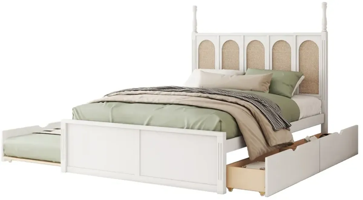 Rattan Platform Bed With With 2 Big Drawers With Trundle