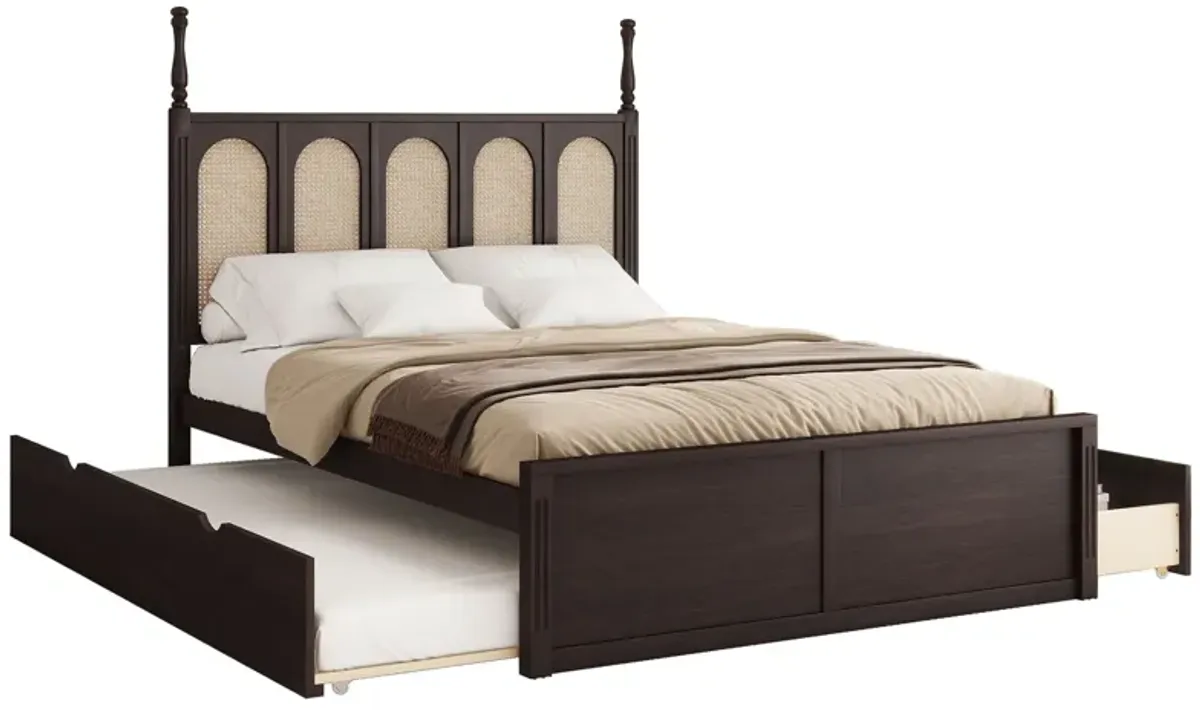 Rattan Platform Bed With With 2 Big Drawers With Trundle