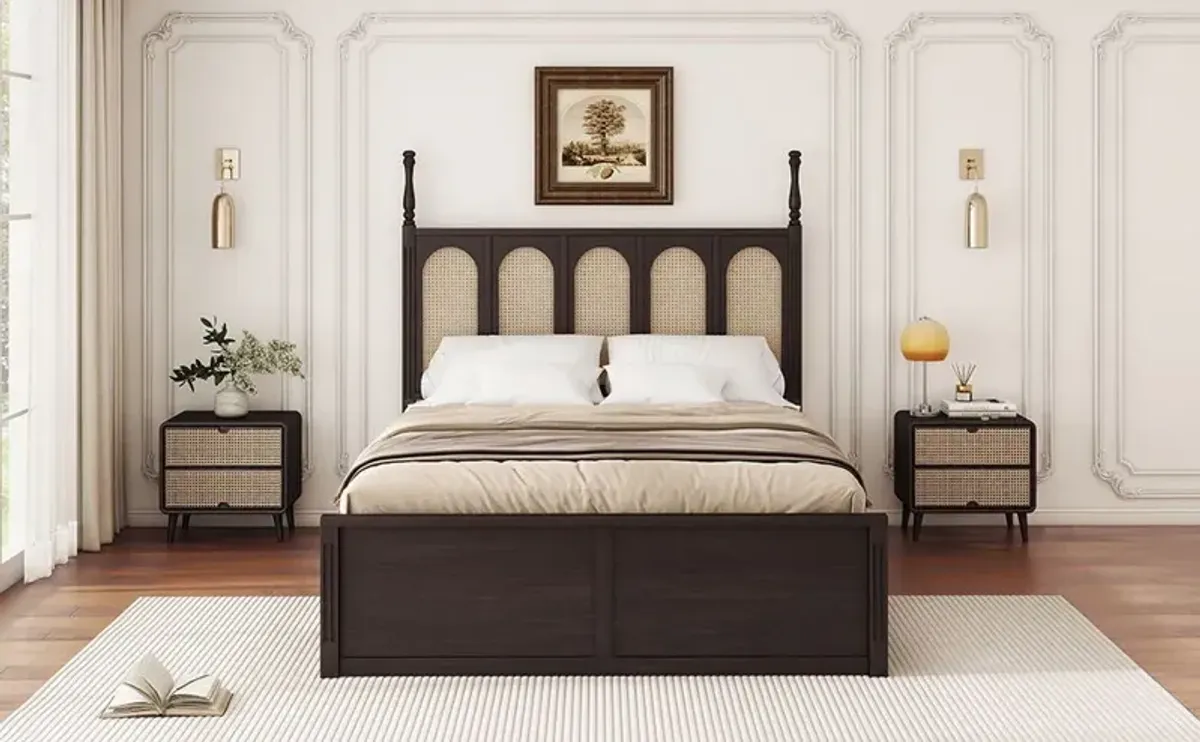 Rattan Platform Bed With With 2 Big Drawers With Trundle