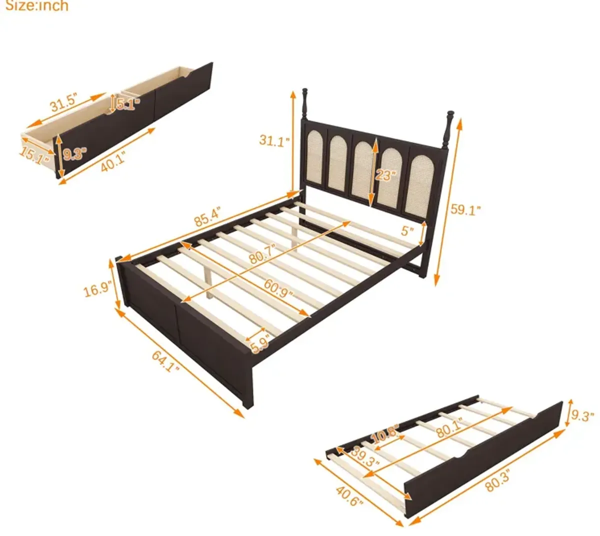 Rattan Platform Bed With With 2 Big Drawers With Trundle