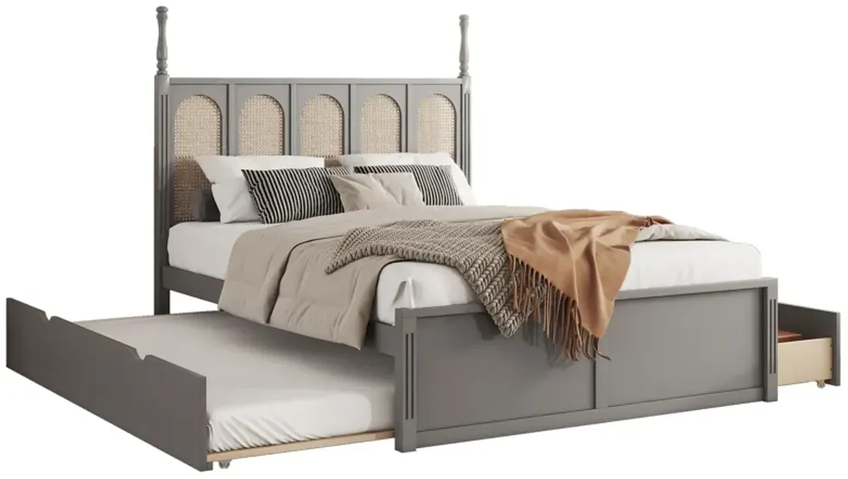 Rattan Platform Bed With With 2 Big Drawers With Trundle