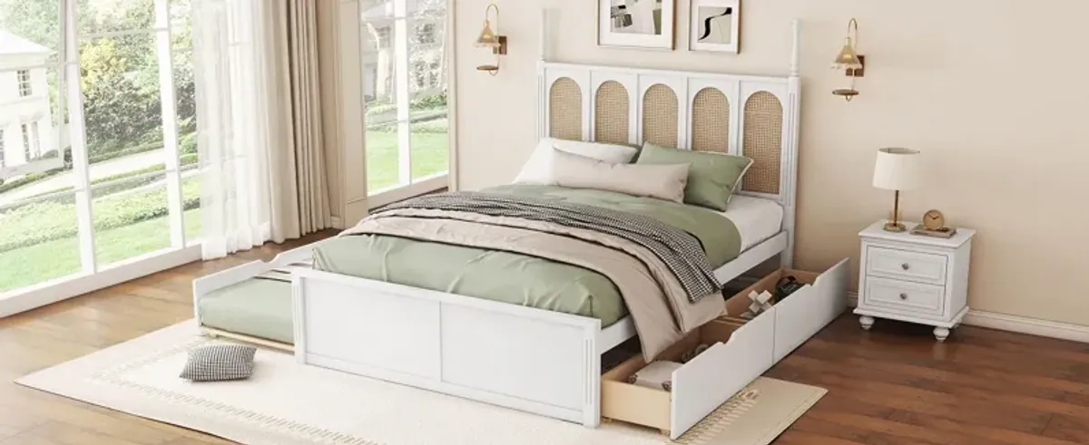 Rattan Platform Bed With With 2 Big Drawers With Trundle