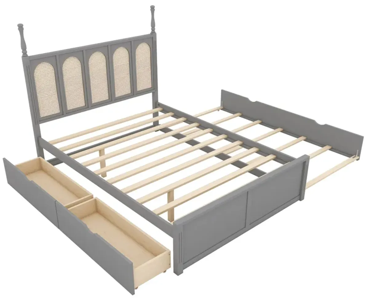 Rattan Platform Bed With With 2 Big Drawers With Trundle