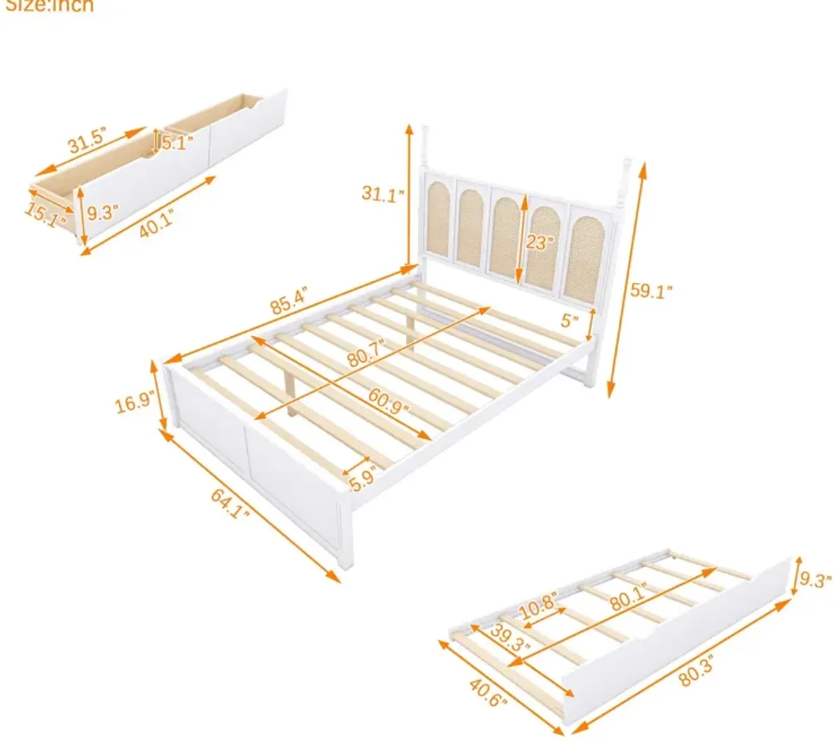 Rattan Platform Bed With With 2 Big Drawers With Trundle