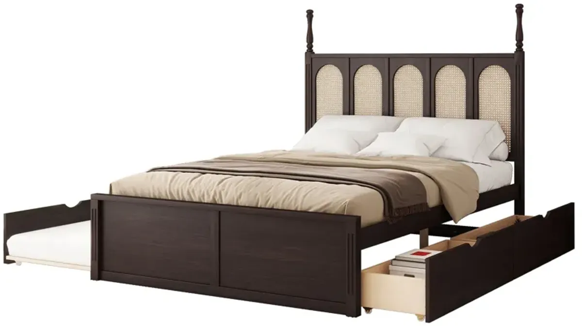 Rattan Platform Bed With With 2 Big Drawers With Trundle