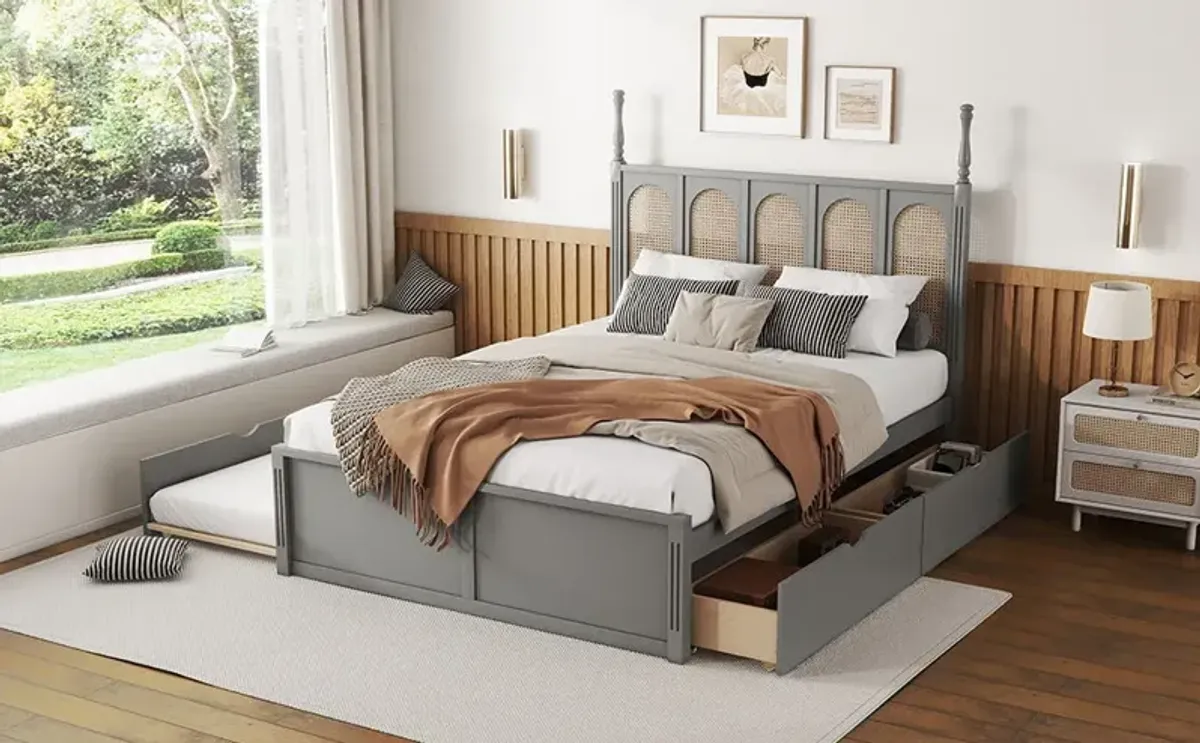 Rattan Platform Bed With With 2 Big Drawers With Trundle