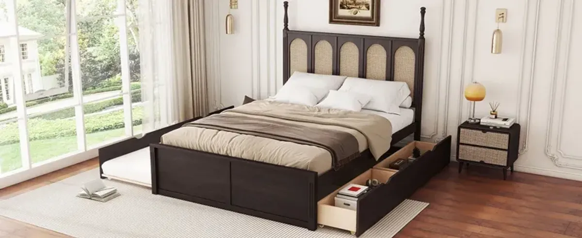 Rattan Platform Bed With With 2 Big Drawers With Trundle