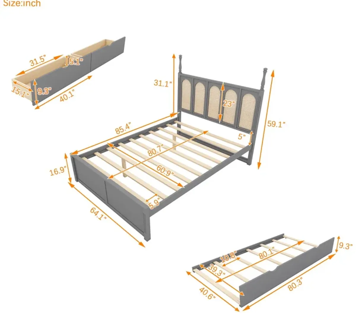 Rattan Platform Bed With With 2 Big Drawers With Trundle